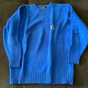 Lauren, blue cotton sweater, long length, shorter sleeves, size M, like new.